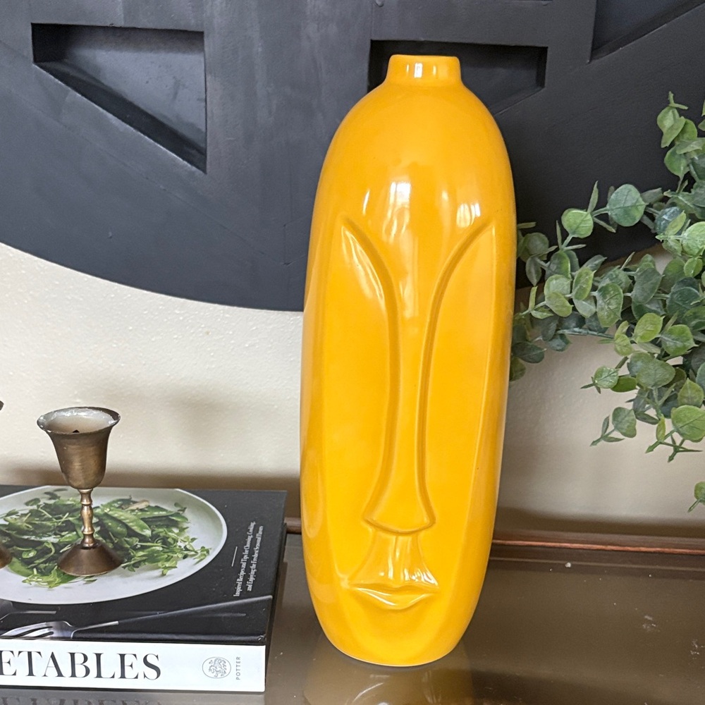 Modern Yellow Abstract Ceramic Head Vase, Glossy Decor, Abstract Art - Picture 5 of 7